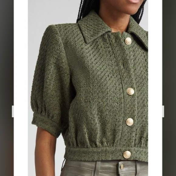 L'Agence Women's Green Cove Short Sleeve Tweed Crop Jacket in Beetle - Picture 4 of 14